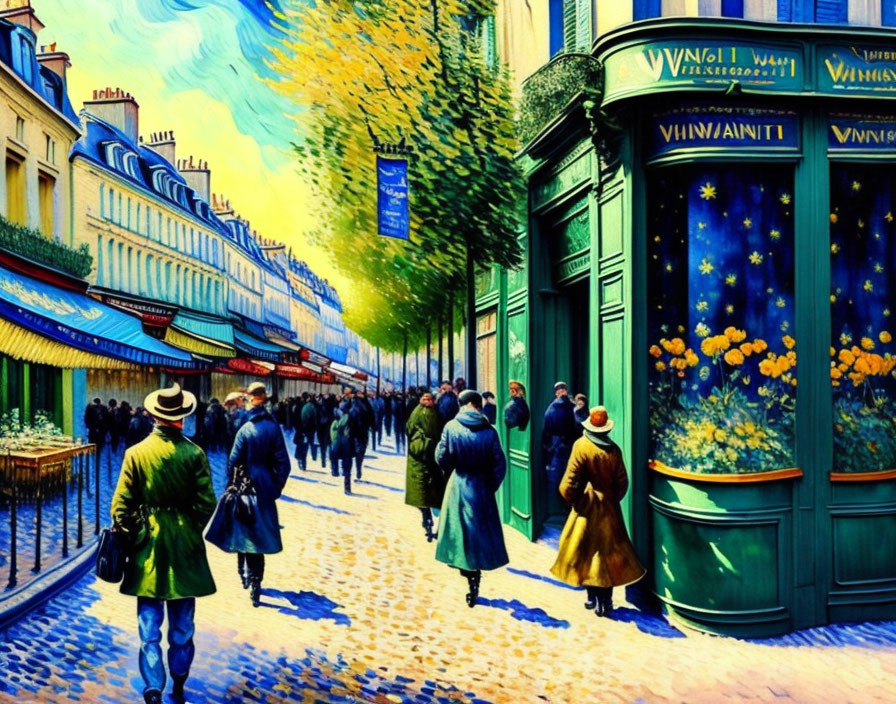 Impressionist-style painting of bustling city street