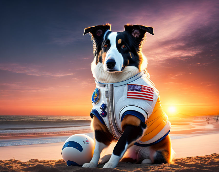 Astronaut Border Collie on Beach at Sunset with Space Helmet