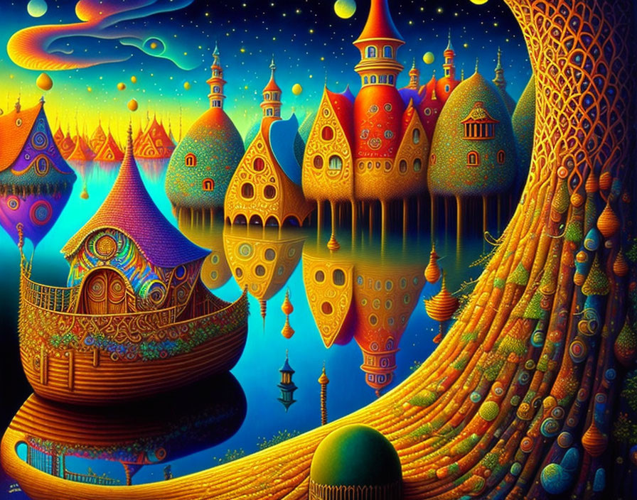 Colorful, whimsical artwork of a fantastical town with onion-domed buildings, ornate tree