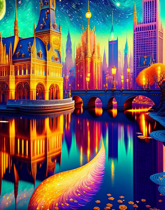 Fantasy cityscape at night with illuminated buildings and starry sky