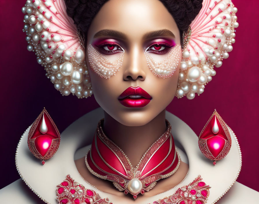 Portrait of a woman with striking makeup and pearl adornments in pink and white.