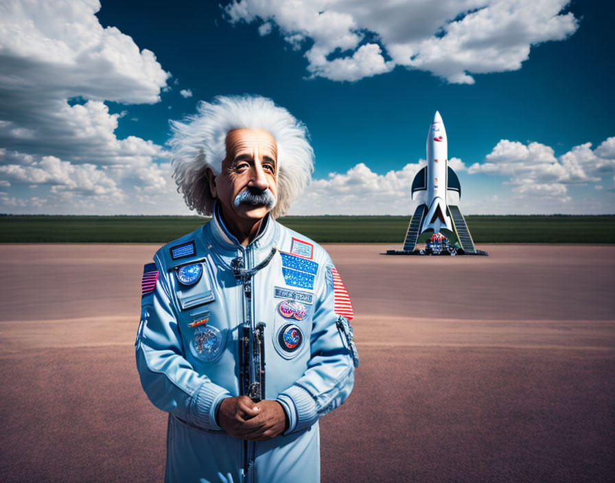 Astronaut with Einstein-style wig by space shuttle in desert landscape