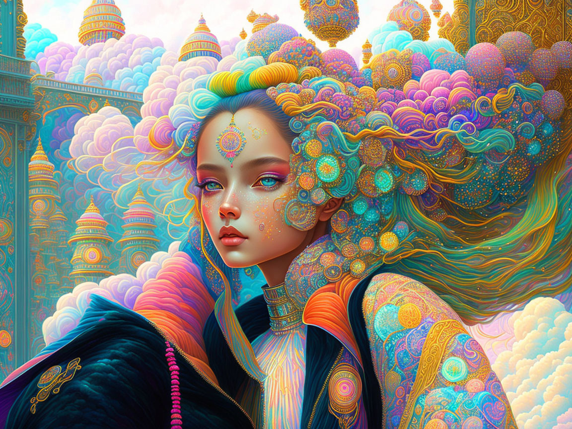 Colorful illustration: Woman with unique hair and ornate attire in fantasy setting