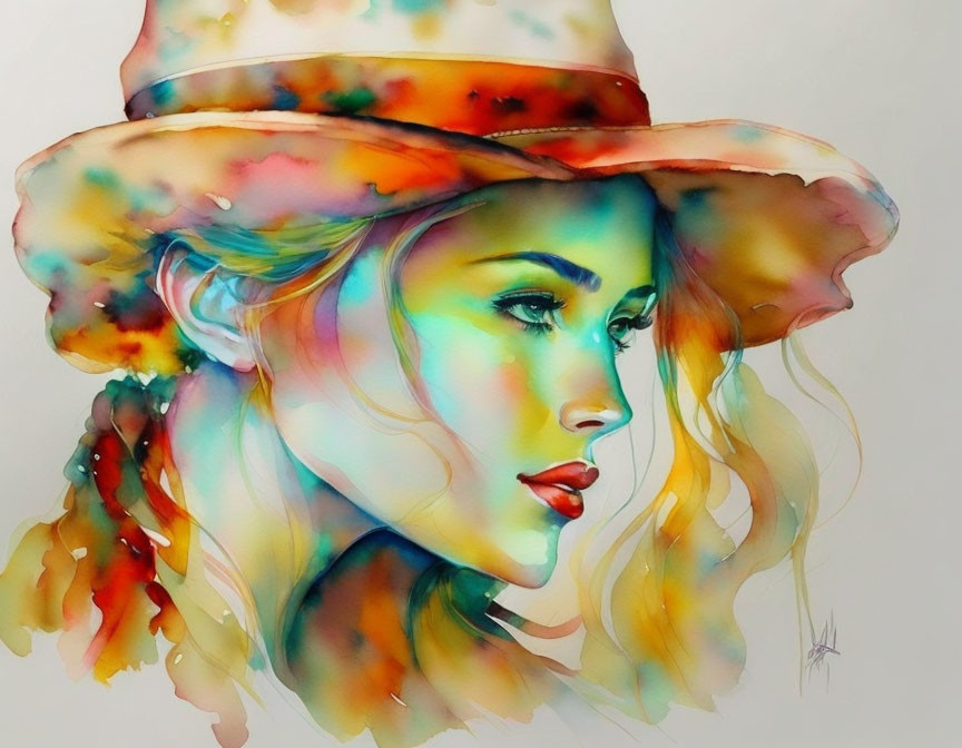 Colorful watercolor portrait of a woman in stylish hat with expressive gaze