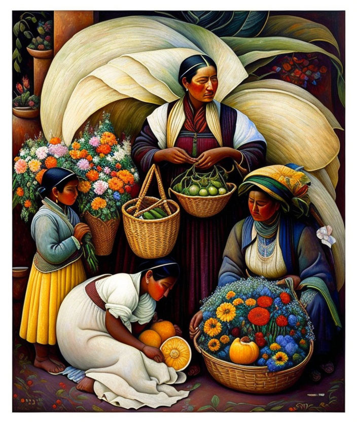 Three women arranging flowers and fruits in traditional clothing against green foliage.