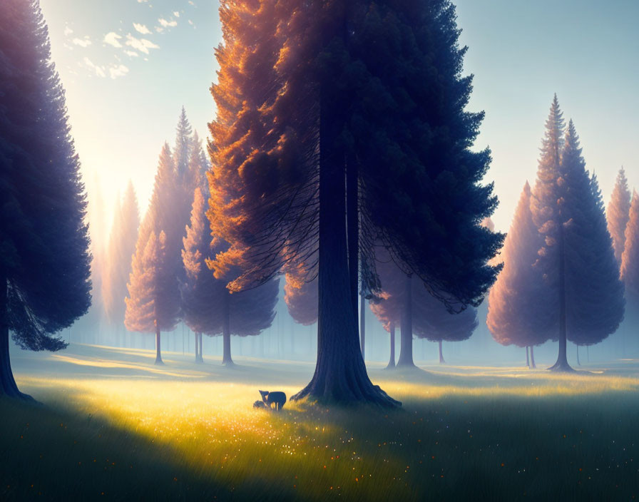 Tranquil forest landscape with towering trees, sunlit meadow, and deer