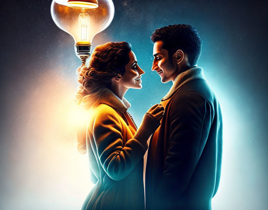 Stylized illustration of man and woman with glowing lightbulb on dark blue background