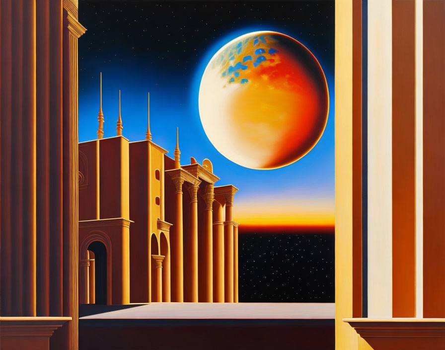 Surreal artwork featuring architectural balcony and moonlit space scene