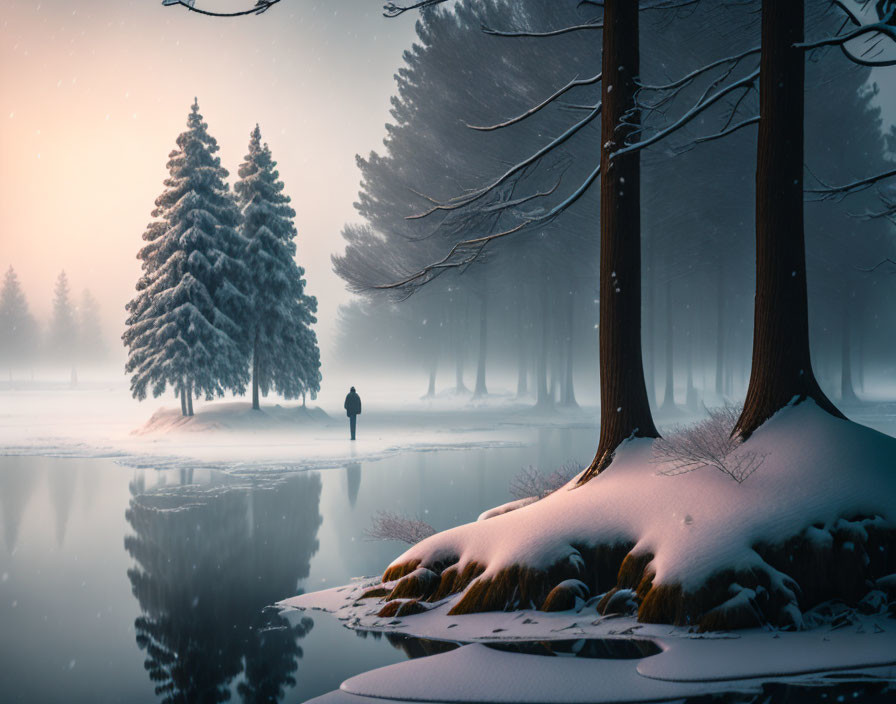 Snowy forest and calm lake in tranquil winter scene