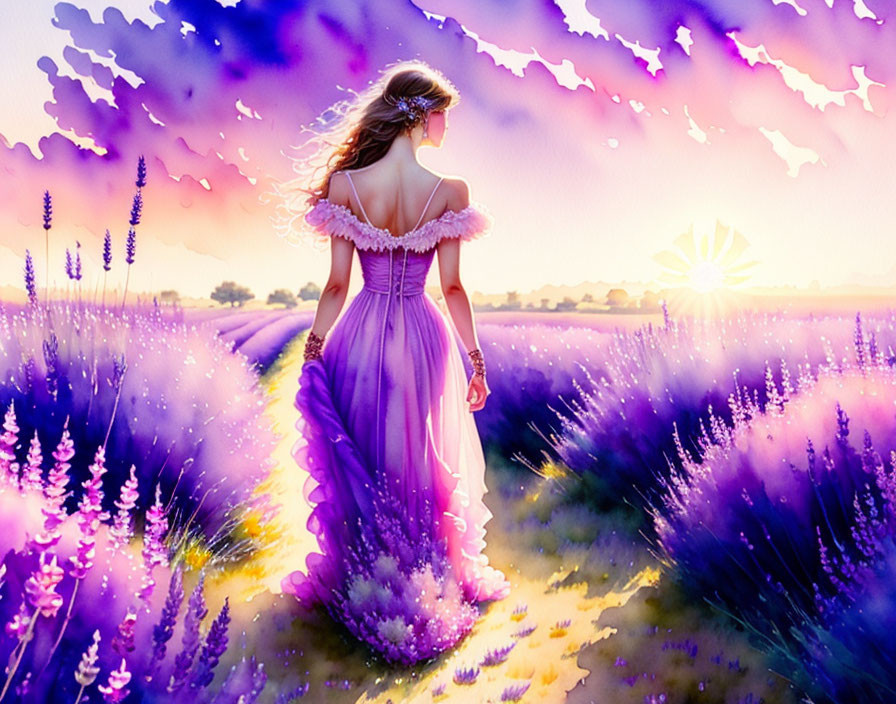 Woman in flowing purple dress in lavender field at sunset