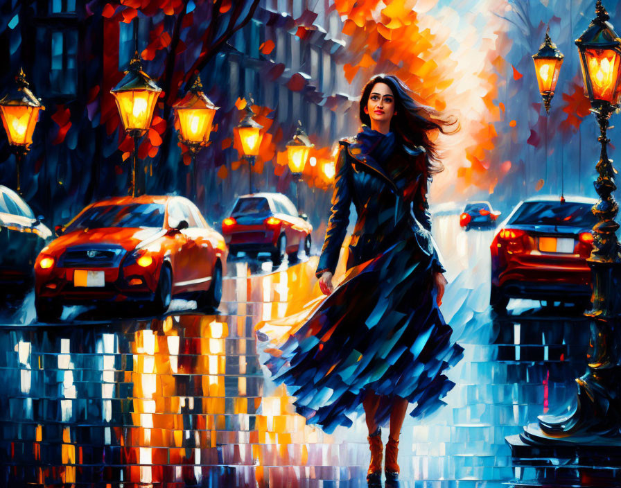 Woman in blue coat walking on rain-slicked street with glowing lanterns