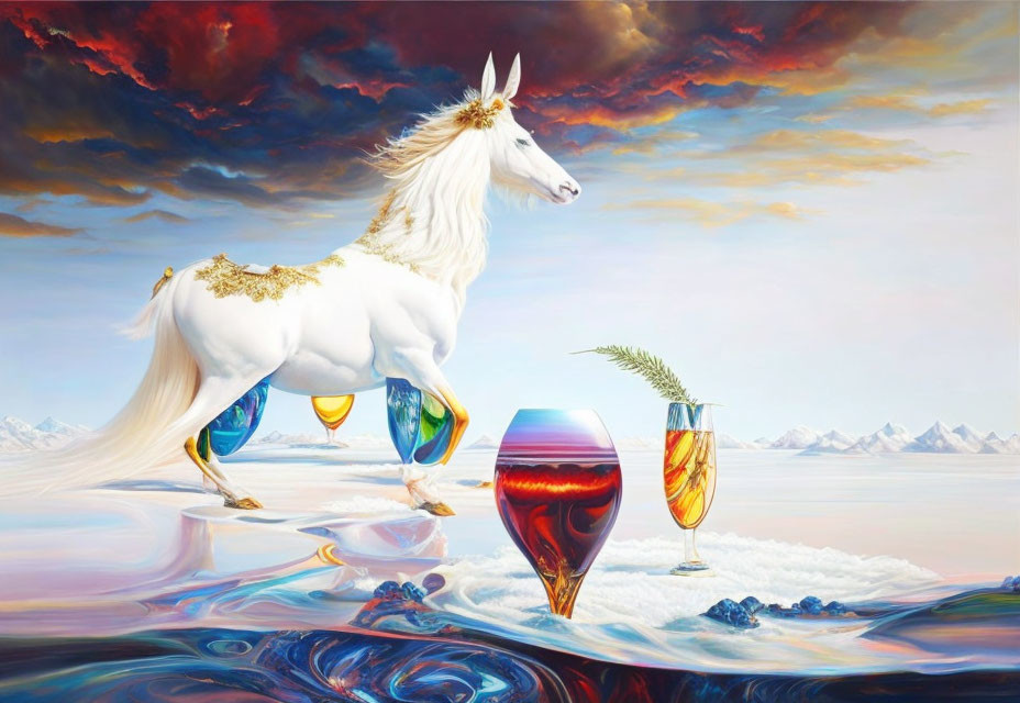 Surreal painting: White unicorn, golden mane, glasses, feathers, vibrant skies, icy landscapes