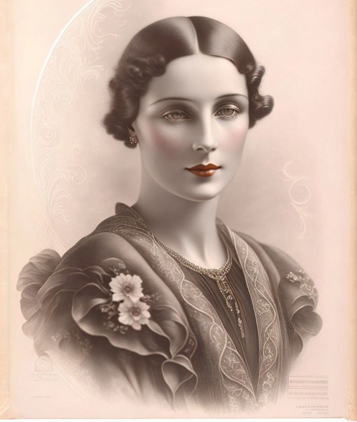 Vintage Portrait of Lady with Curled Hair, Prominent Lipstick, Necklace, Floral Dress