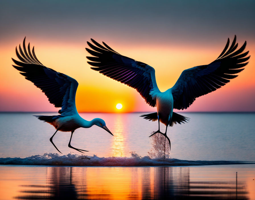 Two cranes landing on water's edge at sunset with outstretched wings.