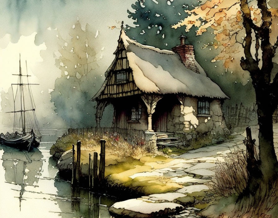 Tranquil watercolor of cozy cottage by riverbank