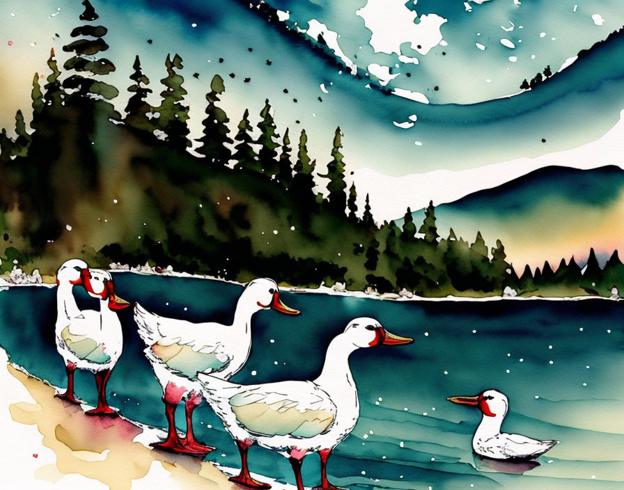 Four Geese Lakeside Scene with Pine Trees & Mountains in Watercolor