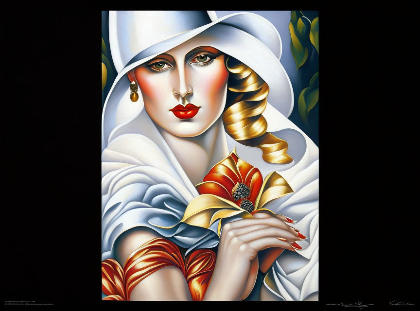 Stylized woman in white hat and cloak with red and gold flower