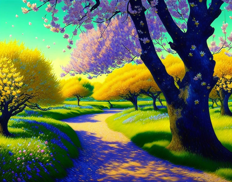 Colorful digital artwork of blooming cherry blossoms and yellow flowers along a scenic path