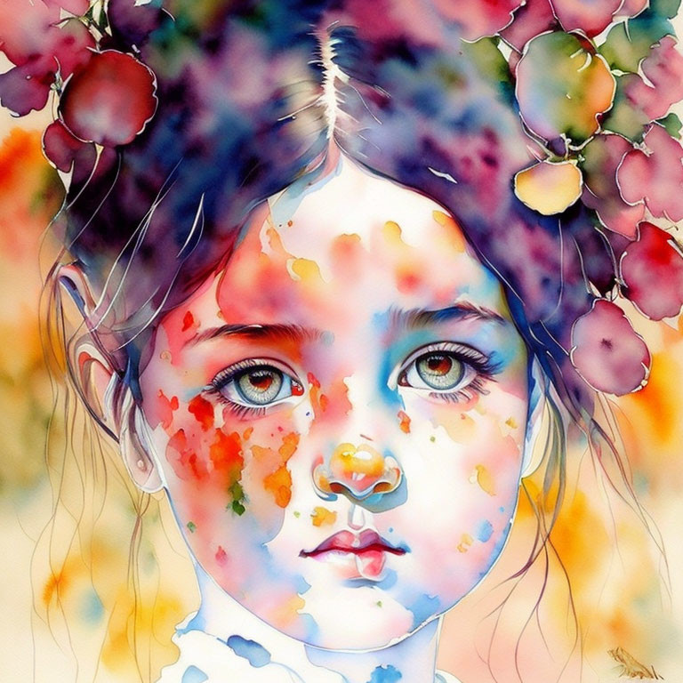 Vibrant watercolor painting of a young girl with blue eyes and floral crown