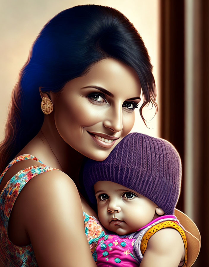 Smiling woman with dark hair holding baby in purple hat.