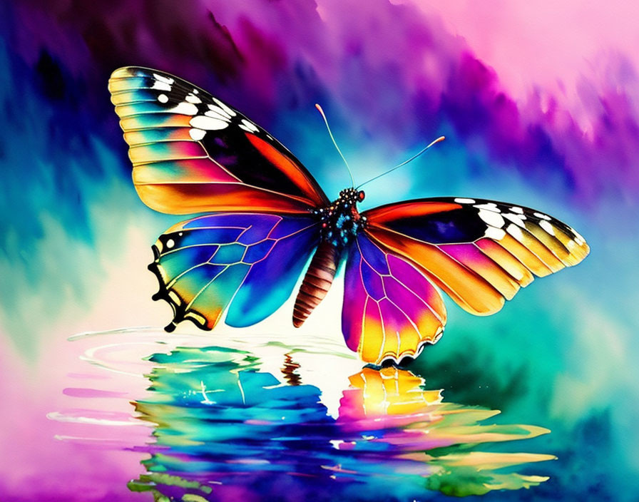 Colorful Butterfly Watercolor Painting on Water Surface