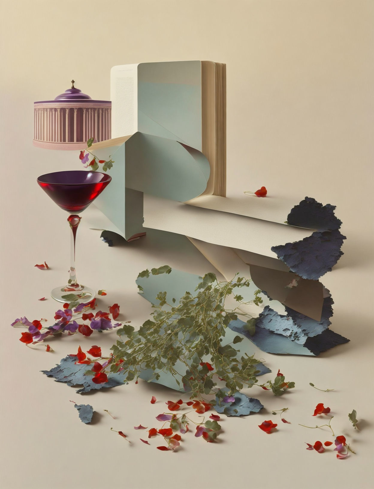 Still life with wine glass, petals, shattered elements, curled paper, and book on beige background