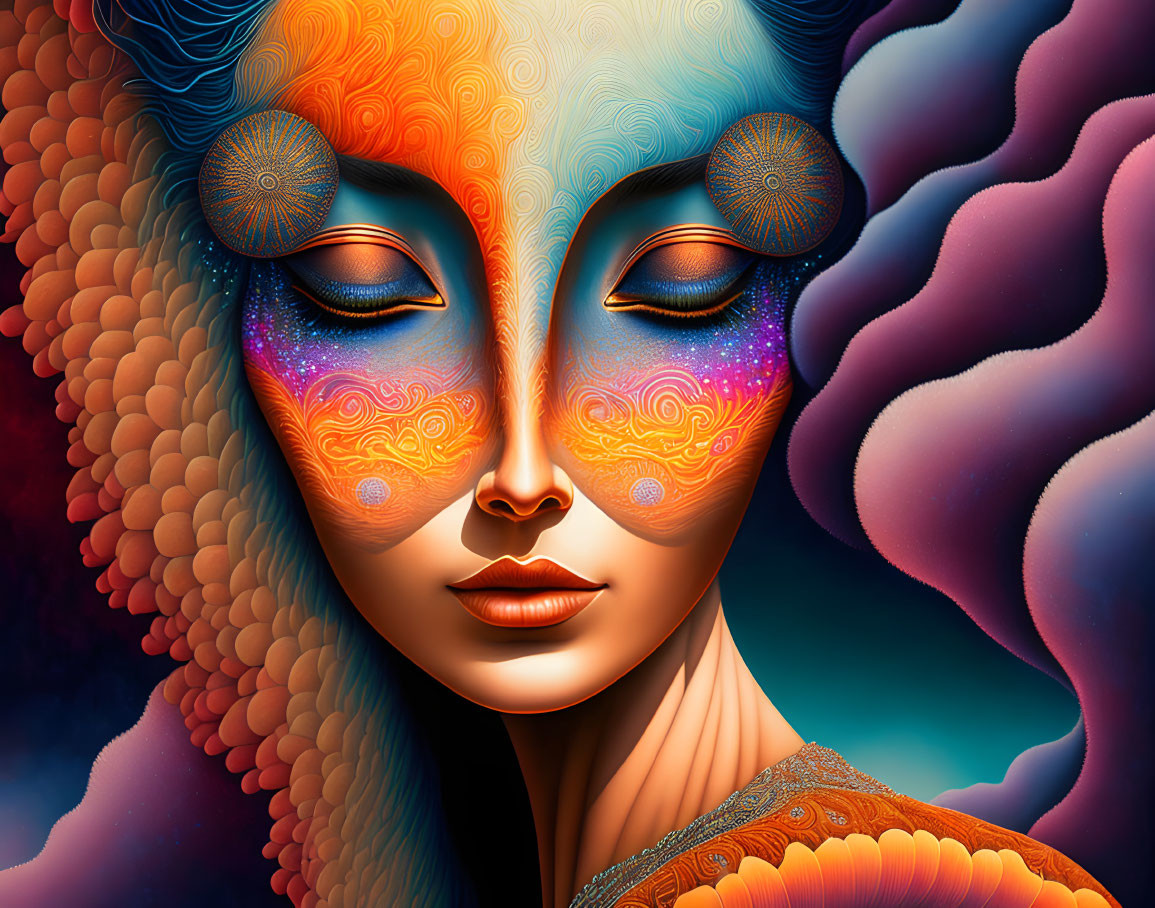 Colorful digital artwork: Woman's face with cosmic patterns and surreal backdrop