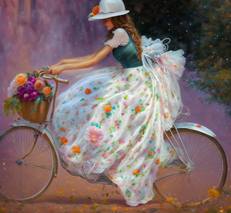 Woman in floral dress and hat riding bicycle at twilight with falling leaves and starry sky