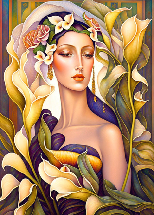 Illustration of woman with flowing hair and floral adornments among stylized calla lilies