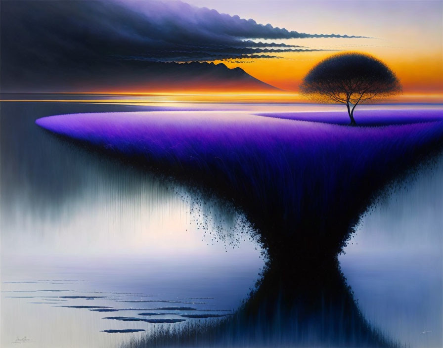 Surreal landscape: vibrant purple field, solitary tree, inverted cliff, twilight sky