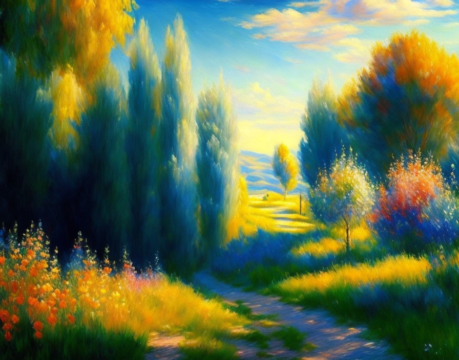 Scenic Path Painting with Lush Trees and Flowers