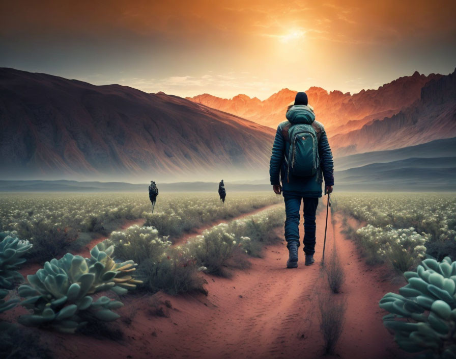 Hiker in orange desert landscape under radiant sunset sky