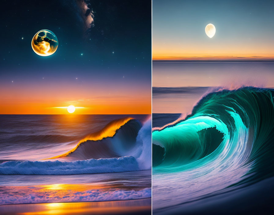 Contrasting split image: surreal Earth from space vs. glowing moonlit seascape