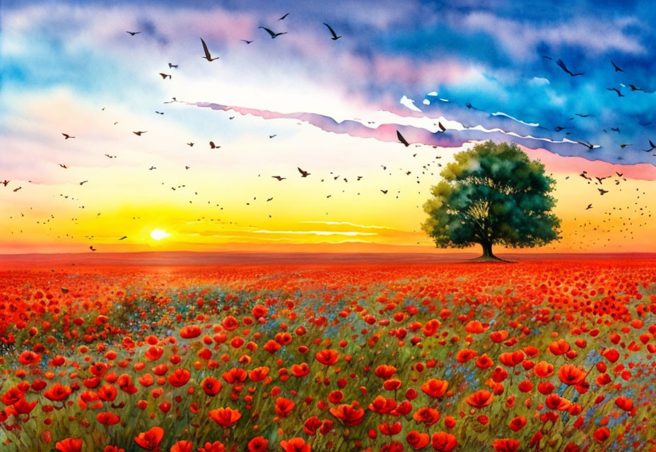 Colorful painting: Solitary tree, red poppies, sunset sky with clouds and birds.