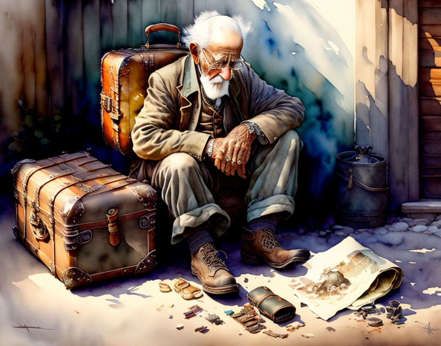 Elderly man with white beard sitting beside suitcase, coins, and map