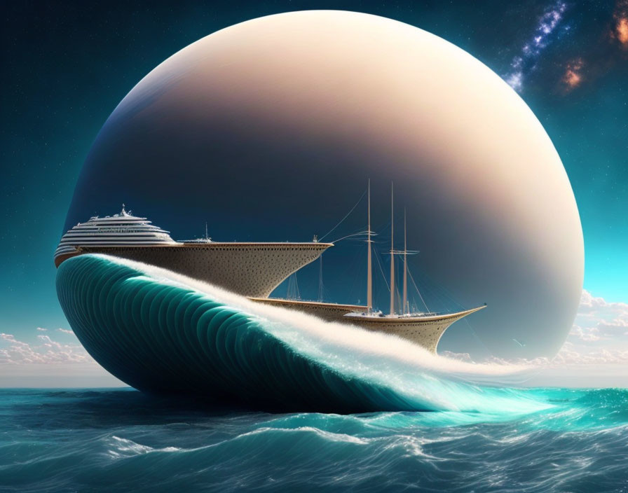 Surreal ocean scene: sailboat, cruise ship, giant planet, starry sky