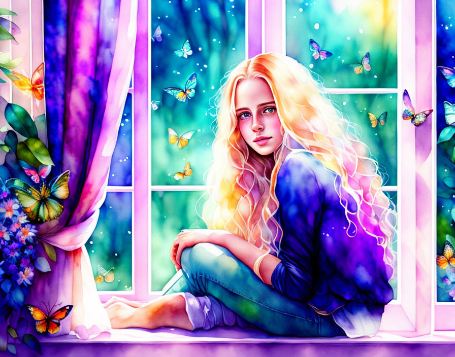 Vibrant Woman Artwork with Butterflies and Window