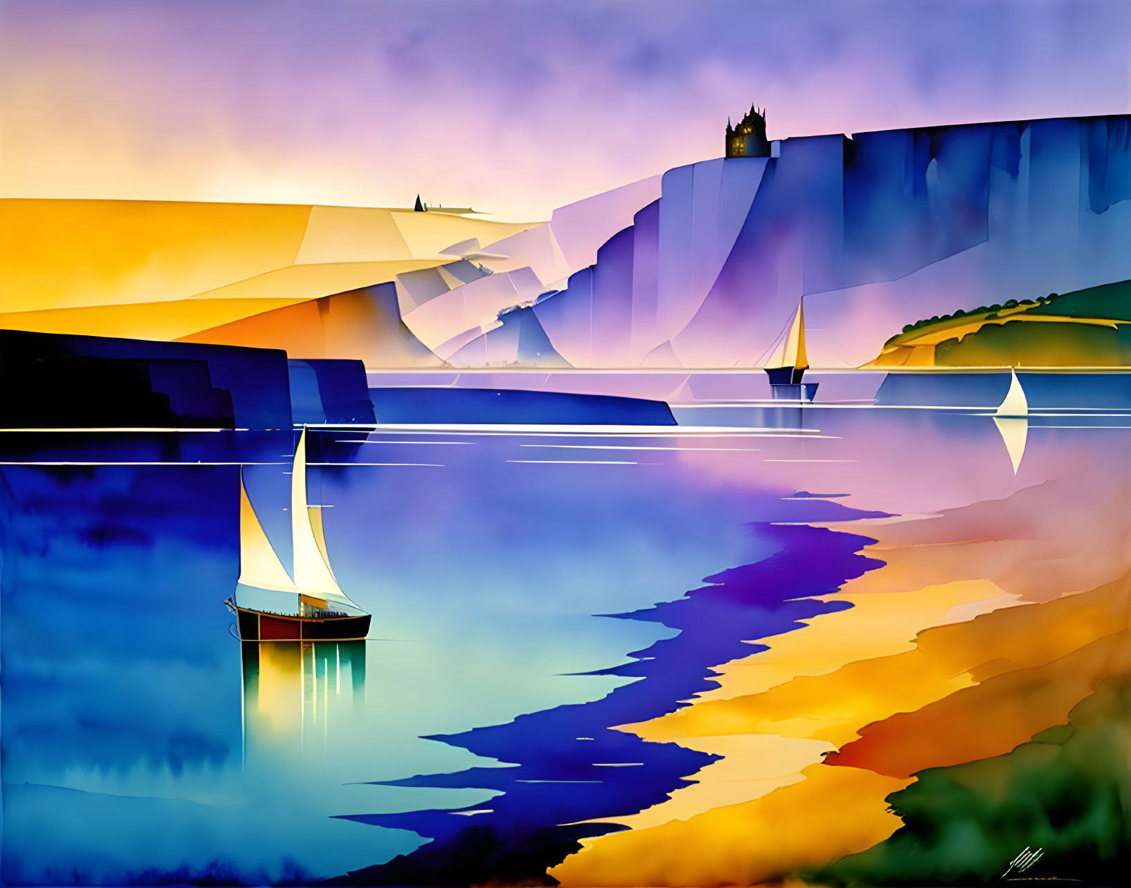 Colorful digital artwork: cliffs, sea, sailboats, castle, sunset sky