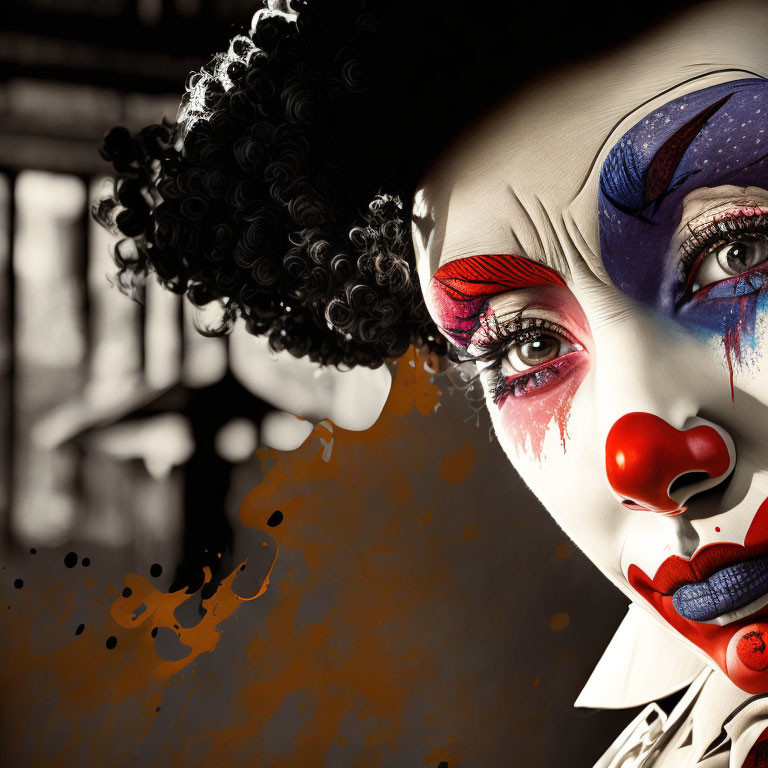 Vibrant sad clown close-up with teary eyes