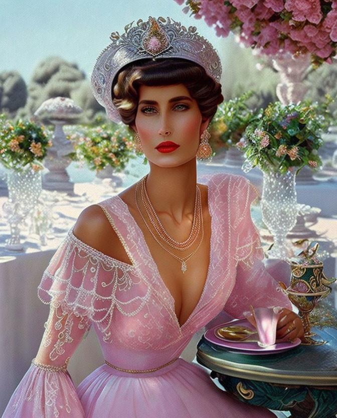 Vintage woman in pink dress with flowers and cup at table