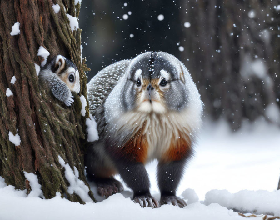 Monkey and squirrel in snow with striking facial patterns and snowflakes