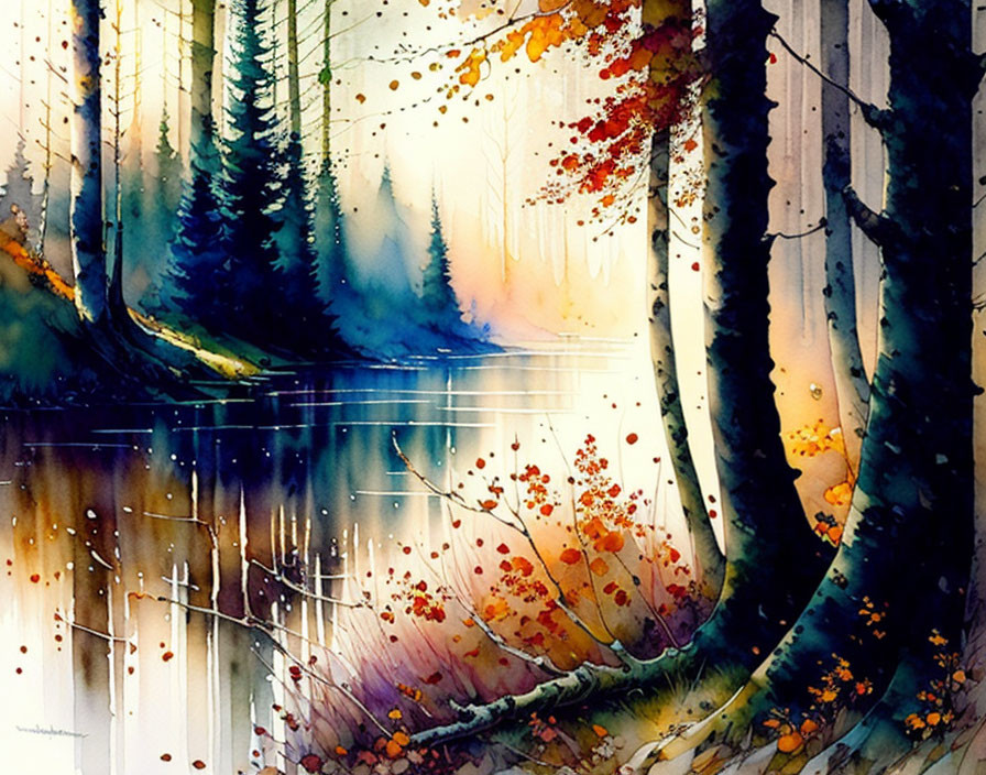 Colorful Watercolor Painting of Misty Forest with Reflecting Trees