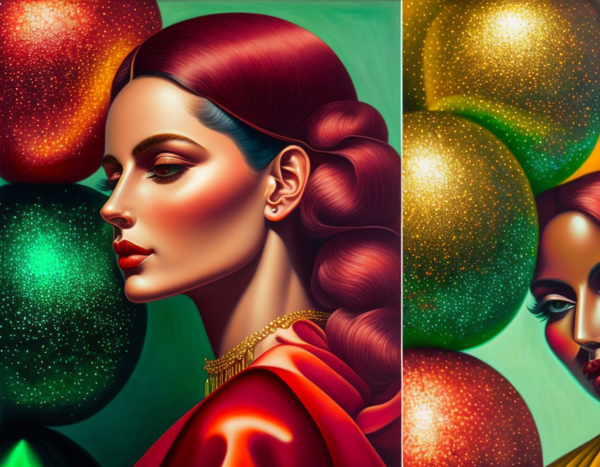 Illustration of woman with sleek hair and bold makeup amid colorful, sparkly orbs