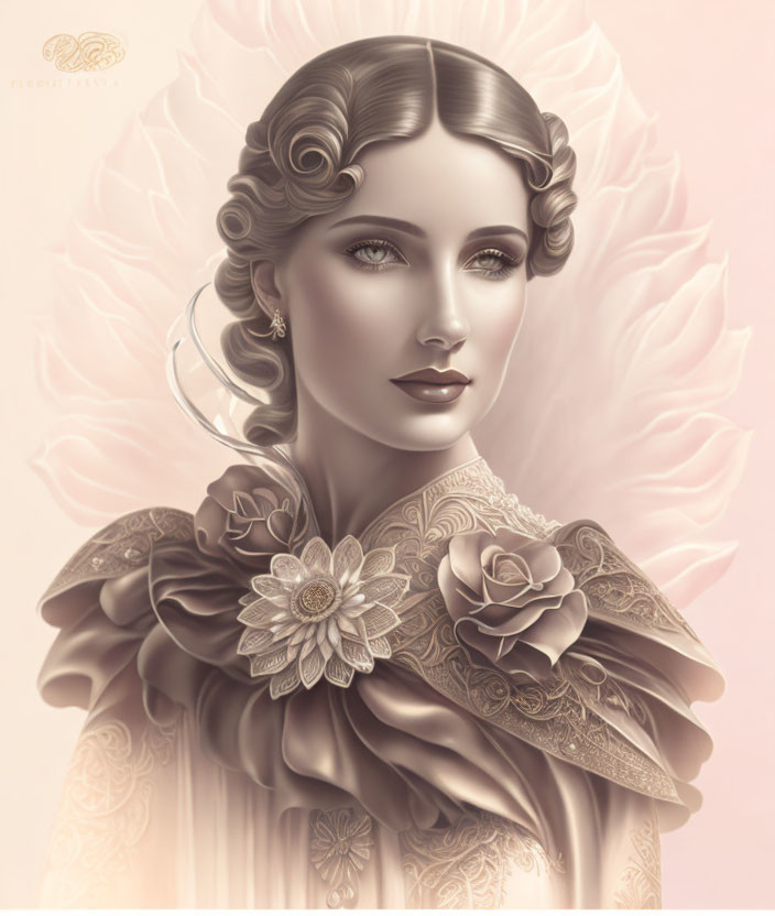 Sepia-Toned Illustration of Elegant Woman in Floral Dress