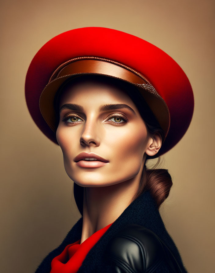 Striking green-eyed woman in red hat and black outfit on beige background