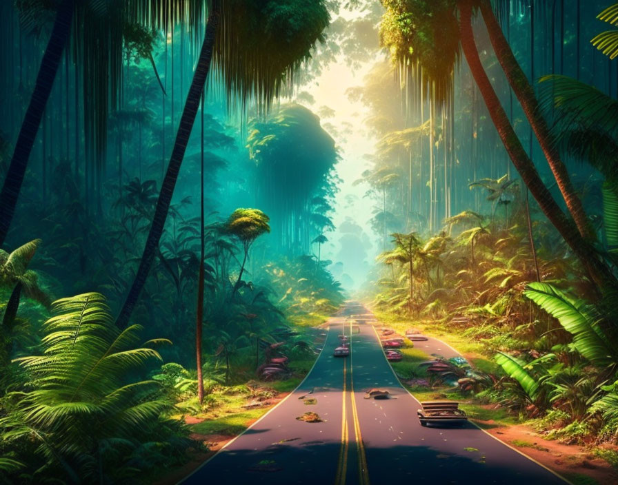 Lush jungle road with vibrant flora and misty atmosphere