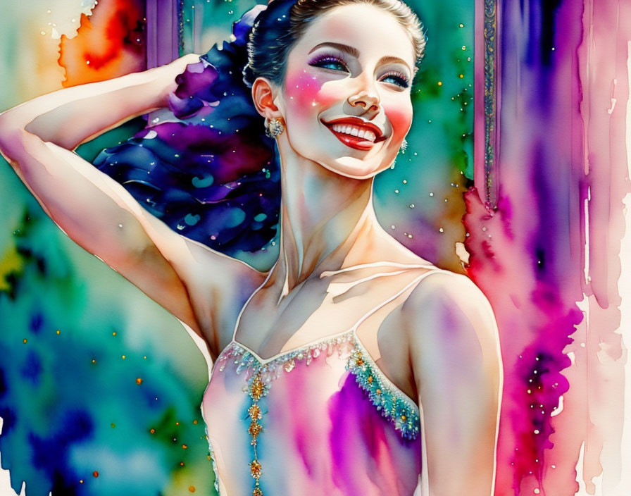 Colorful Watercolor Painting of Smiling Ballerina