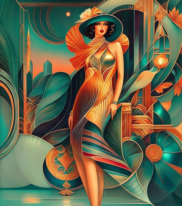 Art Deco illustration of woman in orange dress with cityscape.