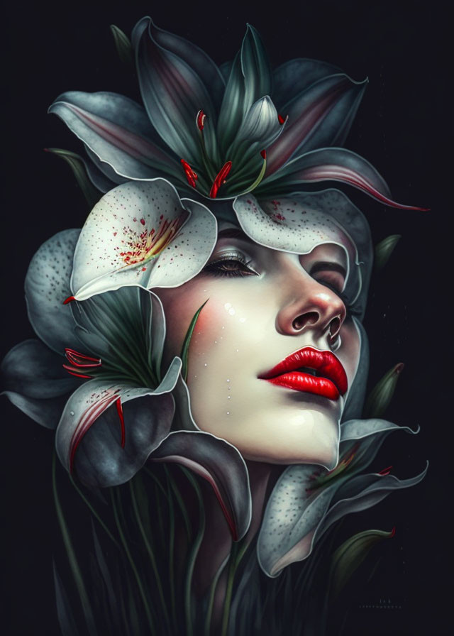 Stylized portrait of woman with exotic white flowers and red lipstick