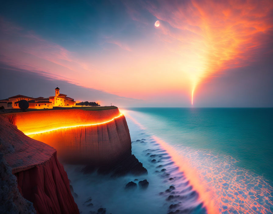 Vibrant coastal sunset scene with lighthouse, cliff, and moon